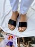 christina Christi | Leather Slide Sandals Women Black Straps Soft Pillow Sole 