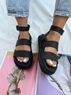christina Christi | Black Leather Flat Sandals Rubber Sole 