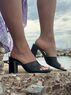 christina Christi | Black Leather Mid Heel Mules 